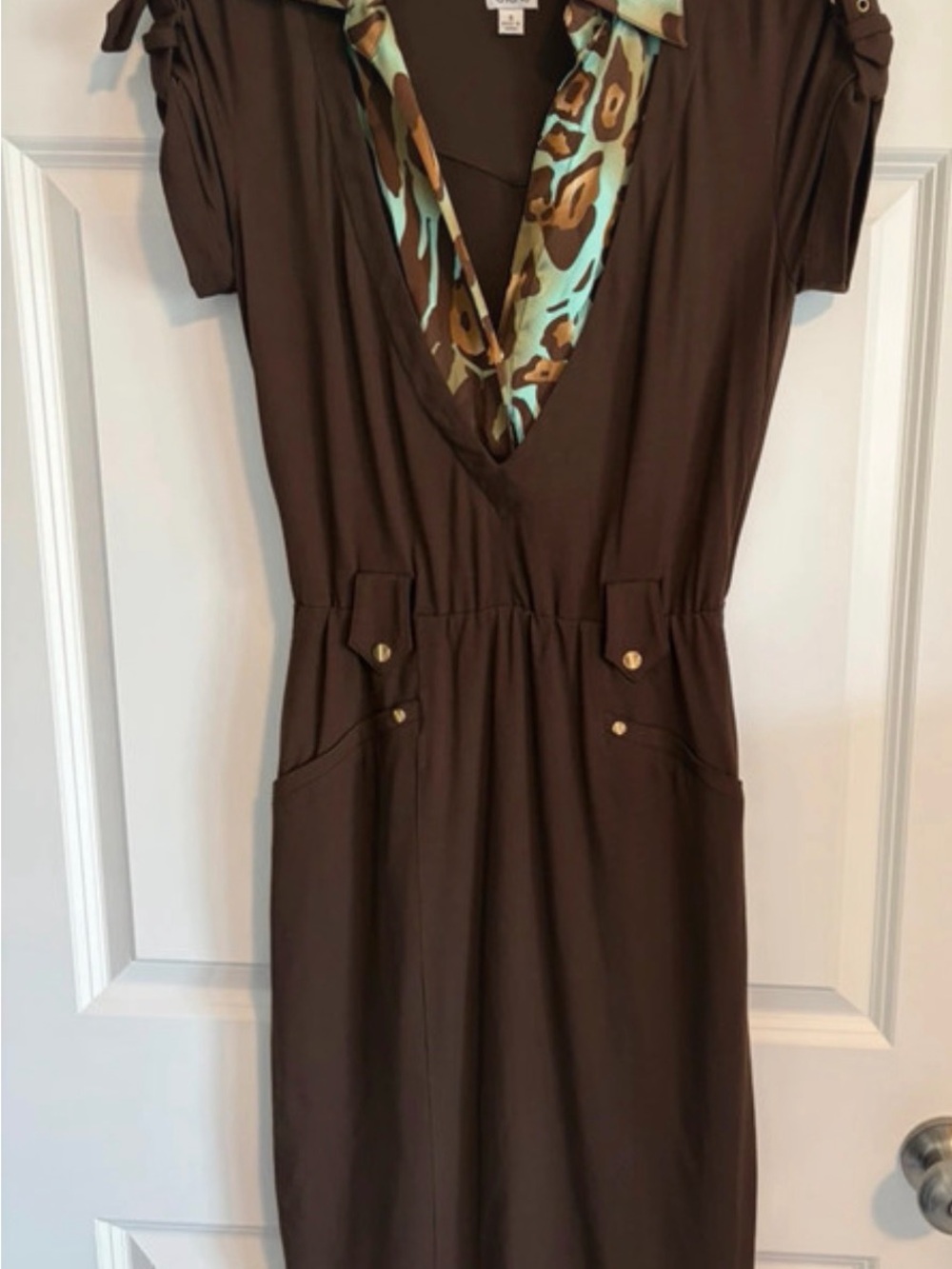 Cache Brown V-Neck Dress with Leopard-Print Trim